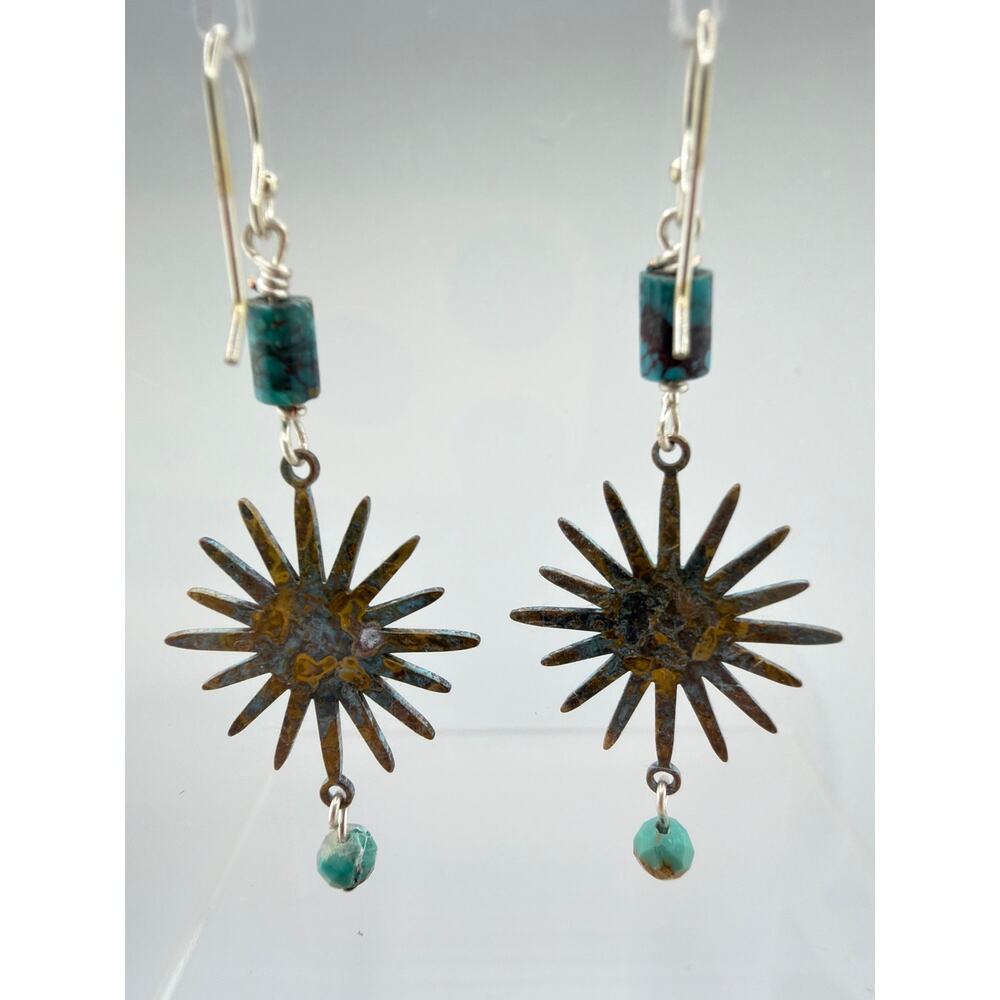 NEW Artisan Handcrafted Turquoise Sunburst Patina Metal Dangle Earrings - Picture 4 of 8